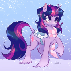 Size: 1080x1080 | Tagged: safe, artist:meteor s, imported from derpibooru, twilight sparkle, pony, unicorn, clothes, horn, red little book source, saddle, scarf, snow, snowfall, solo, striped scarf, tack, unicorn twilight, unshorn fetlocks, winter