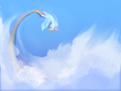 Size: 1080x810 | Tagged: safe, artist:meteor s, imported from derpibooru, rainbow dash, pegasus, pony, cloud, female, flying, mare, no face, rainbow trail, red little book source, sky, solo, speed trail