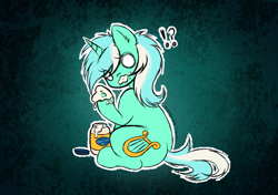 Size: 2480x1748 | Tagged: safe, artist:sweetpea-and-friends, imported from derpibooru, lyra heartstrings, pony, unicorn, blank eyes, caught, eating, exclamation point, female, food, horn, interrobang, l.u.l.s., looking at you, looking back, looking back at you, looking over shoulder, mare, mayonnaise, question mark, sauce