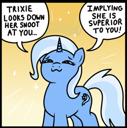 Size: 1161x1167 | Tagged: safe, anonymous editor, artist:vomitvomiting, edit, imported from derpibooru, trixie, pony, unicorn, :3, abstract background, colored, comic, cropped, cute, dialogue, diatrixes, drawthread, female, frame, g4, gradient background, horn, looking at you, looking down, looking down at you, mare, ponified, ponified comic, requested art, smug, third person