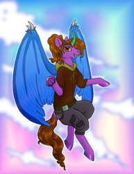 Size: 540x700 | Tagged: safe, artist:strawbedi, imported from derpibooru, oc, oc:destiny manticor, alicorn, pony, artfight, belt, blue wings, claws, clothes, curly mane, curly tail, curved horn, fangs, flying, frog (hoof), horn, looking at you, smiling, tail, underhoof, unshorn fetlocks, wings