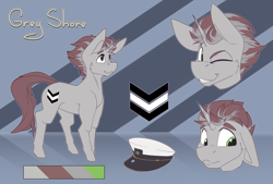 Size: 4000x2700 | Tagged: safe, artist:chapaevv, imported from derpibooru, oc, oc only, oc:grey shore, pony, commission, cutie mark, hat, reference sheet, solo