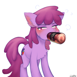 Size: 1349x1349 | Tagged: safe, artist:unclechai, imported from derpibooru, berry punch, berryshine, earth pony, pony, alcohol, blushing, bottle, drink, drunk, female, solo, whiskey