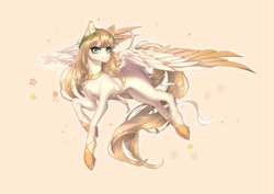 Size: 1063x752 | Tagged: safe, artist:mian1205, imported from derpibooru, oc, oc only, unnamed oc, pegasus, pony, ballet boots, ballet slippers, blonde mane, blonde tail, clothes, colored wings, commission, cream coat, digital art, digital painting, eyelashes, floral head wreath, flower, green eyes, high heels, laurel crown, laurel wreath, pegasus oc, petals, shiny mane, shiny tail, shoes, simple background, tail, two toned wings, wings