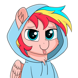 Size: 5000x5000 | Tagged: safe, artist:cloudmild, imported from derpibooru, oc, oc only, oc:cloud mellow, pegasus, pony, :p, bust, chest fluff, clothes, cute, hoodie, looking at you, male, pegasus oc, portrait, simple background, solo, stallion, tongue out, white background, wings