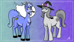 Size: 2765x1555 | Tagged: safe, artist:stogiegoatarts, imported from derpibooru, oc, oc only, earth pony, goat, goat pony, cigar, duo, facial hair, female, goatee, gradient background, hat, horns, male, ponysona, witch hat