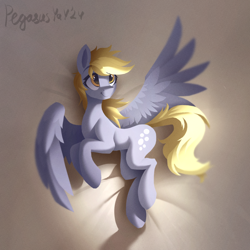 Size: 1512x1512 | Tagged: safe, artist:pegasusyay, imported from derpibooru, derpy hooves, pegasus, pony, bed, concave belly, cute, female, jewelry, looking at each other, looking at someone, lying down, mare, on bed, on side, simple background, slender, smiling, solo, speedpaint, spread wings, thin, wings