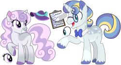 Size: 2664x1430 | Tagged: safe, artist:strawberry-spritz, imported from derpibooru, oc, oc only, unicorn, bowtie, female, horn, magical gay spawn, magical lesbian spawn, male, mare, necktie, offspring, parent:fancypants, parent:fleur-de-lis, parent:prince blueblood, parent:rarity, parents:fancyblood, parents:fleurity, simple background, stallion, transparent background