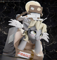 Size: 3058x3250 | Tagged: safe, artist:chyvak, imported from derpibooru, derpy hooves, pegasus, pony, 3d print, bag, box, envelope, eyebrows, female, food, mail, mailbag, mailmare, mare, muffin, signature, solo, spread wings, tongue out, wings