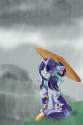 Size: 3000x4500 | Tagged: safe, artist:knife smile, artist:绘昕工作室, imported from derpibooru, oc, oc only, pony, unicorn, cloud, cloudy, flower, flower in hair, grass, hoof hold, horn, looking up, outdoors, rain, sitting