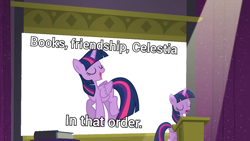 Size: 1280x720 | Tagged: safe, artist:trrrebleee, edit, edited screencap, imported from derpibooru, screencap, twilight sparkle, alicorn, board, lectern, meme, ponified meme, sign, text, twilight sparkle (alicorn)