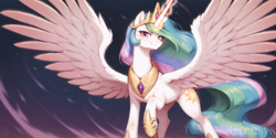 Size: 2400x1200 | Tagged: safe, imported from derpibooru, princess celestia, alicorn, pony, ai content, ai generated, glowing, glowing horn, horn, looking at you, prompter:greesys, ready to fight, spread wings, watermark, wings