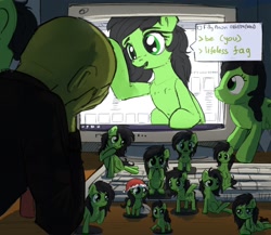 Size: 2000x1739 | Tagged: safe, artist:uteuk, imported from derpibooru, oc, oc:anon, oc:filly anon, earth pony, human, pony, 4chan, computer, faggot, female, figure, filly, keyboard, monitor, multeity, plushie, slur, vulgar