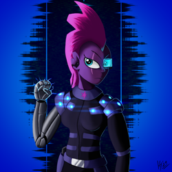 Size: 1500x1500 | Tagged: safe, artist:jphyperx, imported from derpibooru, tempest shadow, equestria girls, amputee, armor, cyberpunk, electricity, prosthetic limb, prosthetics, retrowave, synthwave, visor, weapon