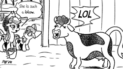 Size: 1200x675 | Tagged: safe, artist:pony-berserker, imported from derpibooru, apple bloom, applejack, cow, annoyed, bucket, female, imminent milking, laughing, lol, lolcow, monochrome, pony-berserker's twitter sketches, pony-berserker's twitter sketches (2024), simple background, sweet apple acres, sweet apple acres barn, trio, trio female, white background