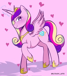 Size: 1805x2048 | Tagged: safe, artist:eltrash_art6, imported from derpibooru, princess cadance, alicorn, pony, crown, cute, cutedance, female, glowing, glowing horn, heart, hoof shoes, horn, jewelry, mare, purple background, regalia, simple background, solo