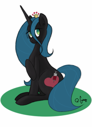 Size: 667x923 | Tagged: safe, artist:quarantinedchaoz, imported from twibooru, queen chrysalis, pony, unicorn, /mlp/, 4chan, drawthread, female, image, mare, png, ponified, signature, simple background, sitting, solo, white background