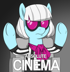 Size: 747x771 | Tagged: safe, anonymous artist, imported from derpibooru, photo finish, earth pony, pony, absolute cinema, bipedal, bipedal leaning, caption, chair, cinema, clothes, colored, drawthread, female, gradient background, leaning, mare, meme, ponified, ponified meme, raised hooves, reaction image, requested art, scarf, solo, text