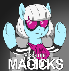 Size: 748x771 | Tagged: safe, alternate version, anonymous artist, imported from derpibooru, photo finish, earth pony, pony, absolute cinema, bipedal, bipedal leaning, caption, chair, clothes, colored, drawthread, female, gradient background, leaning, magicks, mare, meme, ponified, ponified meme, raised hooves, reaction image, requested art, scarf, solo, text