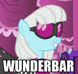 Size: 325x308 | Tagged: safe, edit, edited screencap, imported from derpibooru, screencap, photo finish, earth pony, pony, caption, cinema, clothes, female, mare, meme, reaction image, solo, text, wunderbar