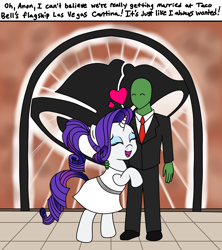 Size: 2000x2250 | Tagged: safe, imported from derpibooru, rarity, oc, oc:anon, human, pony, unicorn, belt, clothes, comic, dialogue, drawthread, dress, duo, duo male and female, eyes closed, eyeshadow, female, happy, heart, horn, hug, implied marriage, las vegas, makeup, male, mare, necktie, one-panel comic, open mouth, open smile, ponytail, requested art, shirt, smiling, suit, taco bell, this will end in marriage, tiled floor, white dress, white shirt