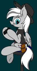 Size: 1986x3813 | Tagged: safe, artist:derpyalex2, imported from derpibooru, oc, oc only, oc:silver edge, pegasus, pony, bar stool, clothes, commission, cowboy, cowboy hat, gun, hat, holster, simple background, solo, vest, weapon