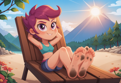 Size: 3648x2496 | Tagged: safe, imported from derpibooru, scootaloo, human, equestria girls, ai content, ai generated, beach, generator:pony diffusion v6 xl, generator:stable diffusion, prompter:kimberlite, soles, solo