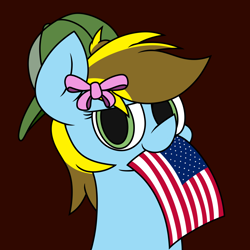 Size: 2562x2565 | Tagged: safe, artist:derpyalex2, imported from derpibooru, oc, oc only, oc:lucky bolt, pegasus, pony, american flag, baseball cap, bow, bust, cap, digital art, flag, hair bow, hat, simple background, solo, united states