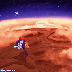 Size: 3072x3072 | Tagged: safe, artist:juniverse, imported from derpibooru, oc, oc:juniverse, earth pony, atmosphere, climbing, cloud, colored, female, mars (planet), olympus mons, ribbon, scenery, solo, space, space pony, stars, sweter, universe daughter, volcano