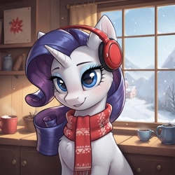 Size: 1024x1024 | Tagged: safe, imported from derpibooru, rarity, ai content, ai generated, clothes, generator:pony diffusion v6 xl, generator:stable diffusion, prompter:thelight3d, scarf, winter