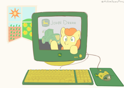 Size: 2100x1500 | Tagged: safe, artist:millionyearspony, derpibooru exclusive, imported from derpibooru, carrot top, golden harvest, earth pony, pony, banner, computer mouse, female, green eyes, hooves, john deere, keyboard, monitor, simple background, solo, tractor, white background