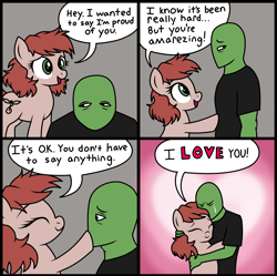 Size: 2000x1993 | Tagged: safe, alternate version, artist:anonymous, imported from derpibooru, oc, oc only, oc:anon, oc:harmony hugs, earth pony, pony, 4 panel comic, black t-shirt, clothes, colored, comic, crying, drawthread, duo, duo male and female, earth pony oc, emotional support, female, female oc, gradient background, gray background, hug, i love you, male, mare, missing accessory, ponified, ponified comic, praise, requested art, shirt, simple background, t-shirt