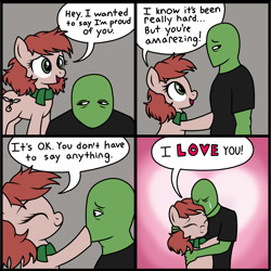 Size: 2000x1999 | Tagged: safe, alternate version, artist:anonymous, imported from derpibooru, oc, oc only, oc:anon, oc:harmony hugs, earth pony, pony, 4 panel comic, black t-shirt, clothes, colored, comic, crying, drawthread, duo, duo male and female, earth pony oc, female, female oc, gradient background, gray background, hug, i love you, male, mare, ponified, ponified comic, praise, requested art, scarf, shirt, simple background, t-shirt