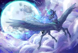 Size: 2048x1412 | Tagged: safe, artist:叶玹, imported from derpibooru, princess luna, alicorn, pony, cloud, crown, ethereal mane, ethereal tail, female, flowing mane, flowing tail, flying, horn, jewelry, magic, mare, moon, night, night sky, peytral, regalia, sky, spread wings, starry mane, starry tail, tail, telekinesis, wings