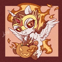 Size: 1500x1500 | Tagged: safe, artist:叶玹, imported from derpibooru, daybreaker, alicorn, pony, candy, cute, daybweaker, diabreaker, food, halloween, holiday, mane of fire, pumpkin, trick or treat