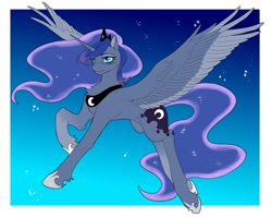 Size: 2048x1638 | Tagged: safe, artist:叶玹, imported from derpibooru, princess luna, alicorn, pony, female, flying, night, night sky, sky, solo, solo female