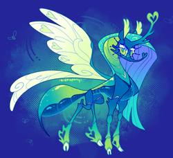 Size: 2048x1868 | Tagged: safe, artist:bishopony, imported from derpibooru, queen chrysalis, changedling, changeling, a better ending for chrysalis, abdomen, abstract background, alternate design, blue body, blue eyelashes, blue mane, blue sclera, blush scribble, blushing, bug anatomy, carapace, changedling queen, cheek fluff, cloven hooves, colored eyelashes, colored hooves, colored horntip, colored pinnae, colored pupils, colored sclera, colored wings, ear fluff, eyelashes, female, gradient horn, gradient legs, green blush, green eyes, green pupils, halftone, heart horn, hooves, horn, insect wings, long eyelashes, long horn, long mane, looking back, no mouth, probiscus, purified chrysalis, redesign, requested art, screentone, segmented body, segmented legs, shiny body, shiny eyes, shiny mane, slender, solo, spread wings, standing, stinger, straight mane, tall ears, thin, thin legs, white hooves, wing markings, wings