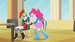 Size: 1280x720 | Tagged: safe, imported from derpibooru, screencap, drama letter, pinkie pie, watermelody, equestria girls, beret, boots, cafeteria, chair, clothes, duo, duo female, female, hat, helping twilight win the crown, holding hands, my little pony equestria girls, shoes, wondercolt ears, wondercolt tail, wondercolts uniform