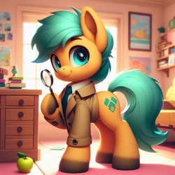 Size: 1024x1024 | Tagged: safe, imported from derpibooru, hitch trailblazer, earth pony, ai content, ai generated, apple, clothes, detective, dresser, food, g5, magnifying glass, male, necktie, prompter:szaladon, vest