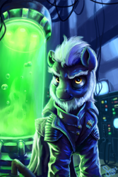 Size: 2000x3000 | Tagged: safe, artist:nemo2d, imported from derpibooru, oc, oc only, oc:harbinger, pegasus, pony, fallout equestria, background, beard, clothes, coat, computer, detailed background, enclave, enclave uniform, facial hair, glowing, lighting, male, military uniform, solo, stallion, tank of goo, uniform, wires