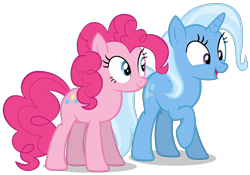 Size: 3084x2160 | Tagged: safe, artist:zslnews, imported from derpibooru, pinkie pie, trixie, earth pony, pony, unicorn, duo, duo female, female, horn, simple background, transparent background, vector