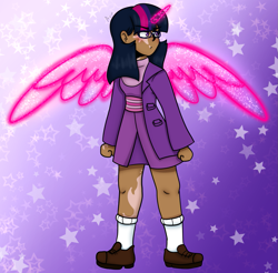 Size: 1095x1077 | Tagged: safe, artist:basil, artist:dj axel, imported from derpibooru, twilight sparkle, human, artificial horn, artificial wings, augmented, clothes, commissioner:prixy05, female, glasses, gradient background, horn, horned humanization, humanized, magic, magic horn, magic wings, moderate dark skin, purple background, scarred, serious, shoes, simple background, solo, starry background, winged humanization, wings