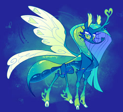 Size: 2584x2357 | Tagged: safe, artist:bishopony, imported from derpibooru, queen chrysalis, changedling, changeling, abstract background, blush scribble, blushing, changedling queen, cloven hooves, colored pupils, colored sclera, female, gradient legs, heart horn, high res, horn, hybrid wings, long eyelashes, long horn, looking back, purified chrysalis, requested art, slender, solo, spread wings, standing, stinger, thin, wings