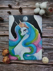 Size: 3000x4000 | Tagged: safe, artist:fridagloria, imported from derpibooru, princess celestia, alicorn, pony, acrylic painting, big mane, bust, crying, female, high res, looking at you, mare, mare in the moon, moon, sad, sadlestia, solo, spread wings, traditional art, wings