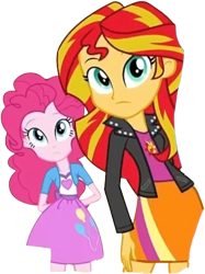 Size: 1887x2520 | Tagged: safe, edit, edited screencap, editor:homersimpson1983, imported from derpibooru, screencap, pinkie pie, sunset shimmer, human, equestria girls, background removed, clothes, female, jacket, not a vector, shirt, skirt, vest