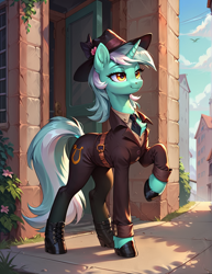 Size: 1000x1296 | Tagged: safe, imported from derpibooru, lyra heartstrings, unicorn, ai content, ai generated, clothes, detective, fedora, female, hat, horn, prompter:ilager, solo