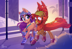 Size: 2680x1810 | Tagged: safe, artist:thewandie, imported from derpibooru, sunny starscout, oc, oc:hotrod(griffon), earth pony, griffon, pony, duo, duo male and female, female, g5, male, mane stripe sunny, maretime bay, roller skates, rollerblades, skates, skating