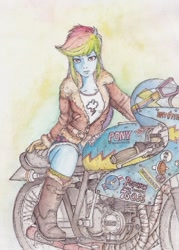 Size: 516x719 | Tagged: safe, artist:daisymane, imported from derpibooru, rainbow dash, human, equestria girls, boots, clothes, female, jacket, leather, leather jacket, motorcycle, shoes, solo, traditional art, watercolor painting