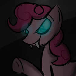 Size: 1500x1500 | Tagged: safe, artist:php10, imported from twibooru, pinkie pie, earth pony, pony, /mlp/, 4chan, blue eyes, dark, disguise, disguised changeling, drawthread, fake pinkie, female, glowing eyes, image, mare, png, raised hoof, solo