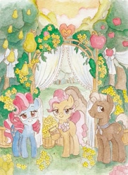 Size: 467x640 | Tagged: safe, artist:daisymane, imported from derpibooru, burnt oak, cup cake, mayor mare, earth pony, pony, the perfect pear, apple, apple tree, female, food, looking at you, male, mare, pear tree, stallion, traditional art, tree, trio, watercolor painting